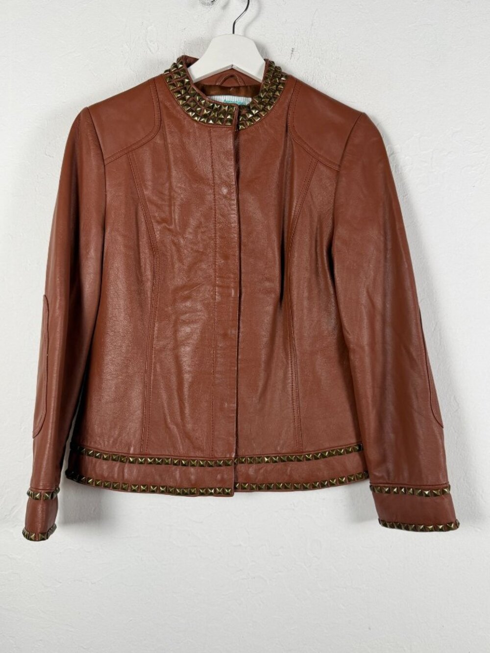 Augustinas Leather Carmel By The Sea Cognac Brown Studded Mandarin Collar Jacket